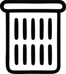 Simple black and white icon of a trash can or waste bin with vertical slots representing garbage disposal and cleanup