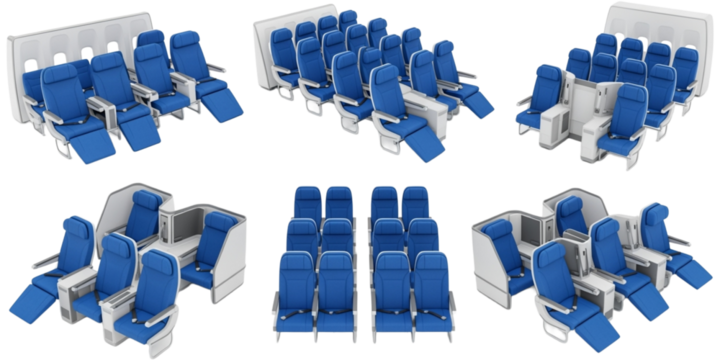 Airplane seats displayed in various arrangements, set against a transparent background. 3D Rendering of seating layout concept showcasing comfort and design.