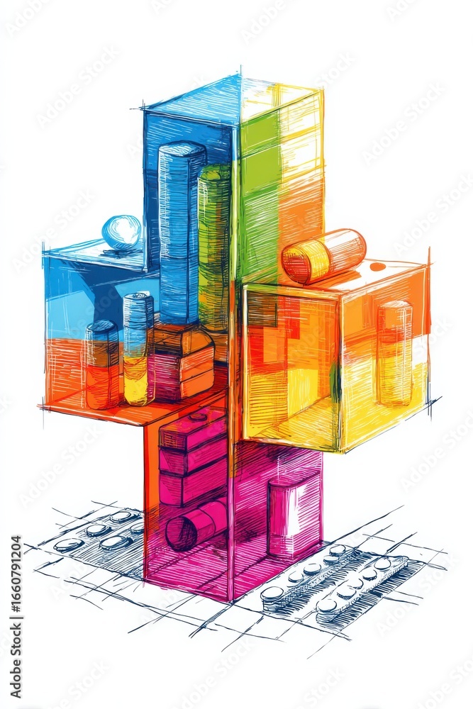Poster colorful geometric shapes with transparent features in artistic style for modern design and creative