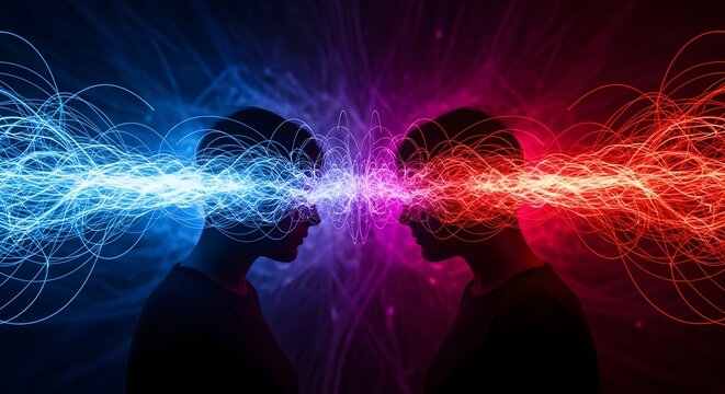 Two Silhouetted Heads Facing Exchanging Light Energy Data Streams Represents Connection Telepathy and Communication