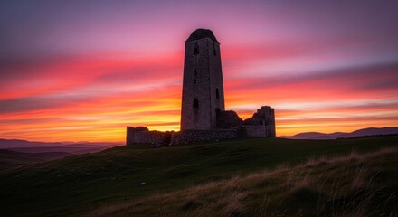 Tower ruins silhouette against vibrant sunrise sky