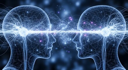 Two glowing digital heads connected by light representing artificial intelligence and human connection