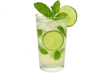Refreshing mojito cocktail with lime, mint, and ice on transparent background