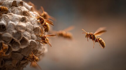 Wasp nest with flying wasps