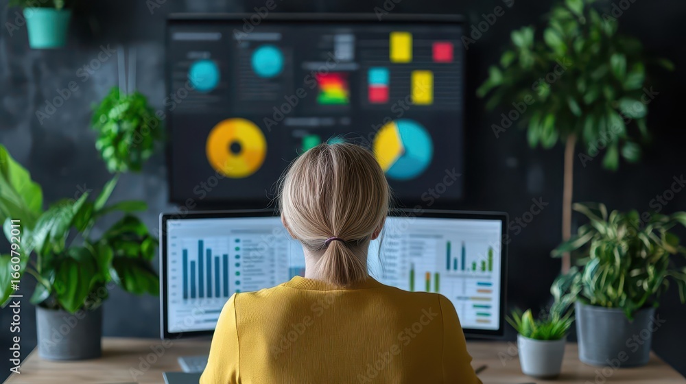 Poster businesswoman analyzing financial data and graphs on computer screens in modern office with plants a