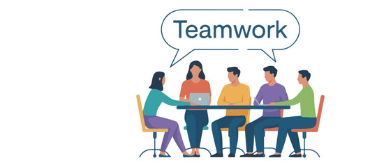 Naklejka premium Flat Minimalist Vector Illustration – Diverse Business Team Collaboration in Modern Infographic Style