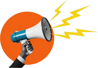 Hand holding a blue and white megaphone with yellow lightning bolts emanating from the speaker against an orange circle transparent background