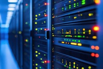 Modern data center server racks with blinking LED indicator lights in high tech storage facility for information technology infrastructure management
