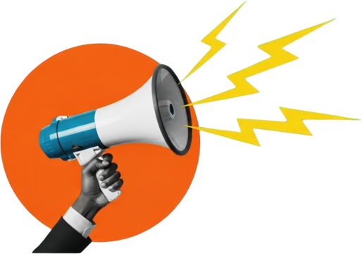 Hand holding a blue and white megaphone with yellow lightning bolts emanating from the speaker against an orange circle transparent background