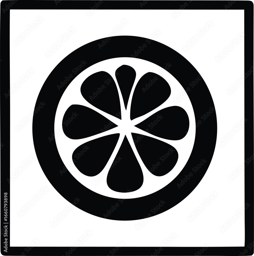 Poster abstract circular design featuring black petal shapes within a circle and outer square frame emblema