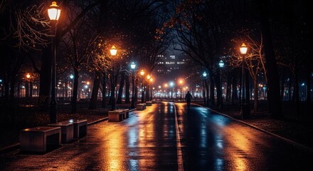 Wet park path lit by lamps at night with solitary figure