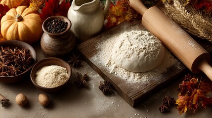 Fototapeta premium Autumn baking ingredients flat lay background, dough rolling pin wheat pumpkin leaf anise star, beige textured surface top view copy space 