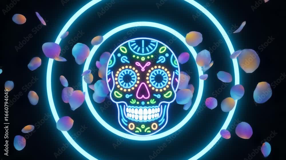Poster glowing neon skull with colorful patterns set against a dark background with falling petals.