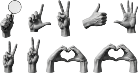 Collection of human hands displaying gestures magnifying glass peace sign thumbs up open palm heart shape isolate