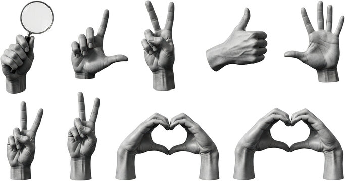 Collection of human hands displaying gestures magnifying glass peace sign thumbs up open palm heart shape isolate