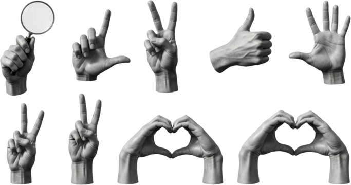 Collection of human hands displaying gestures magnifying glass peace sign thumbs up open palm heart shape isolate