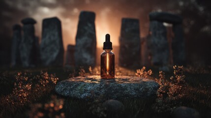 Obraz premium Amber Dropper Bottle on Stone Altar Surrounded by Ancient Stones in Mystical Landscape at Dusk