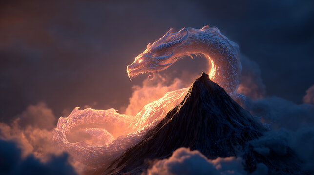 Spectacular view featuring a dragon with fire atop mountains against a cloudy, dark sky at twilight.