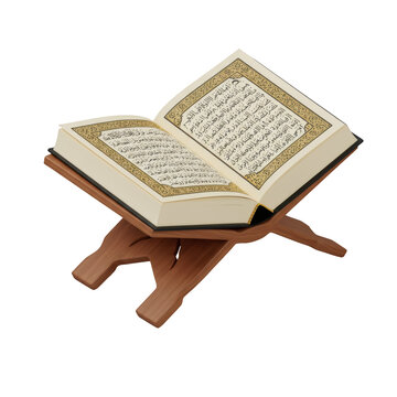 Open Quran book resting on a wooden stand, displaying Arabic script. Isolated on a Transparent Background, PNG, Cutout