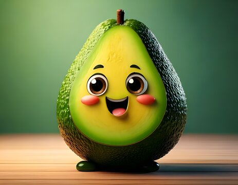 Cute avocado character with smiling face and happy expression on a wooden table in front of green background