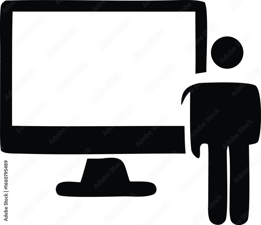Poster digital presentation technology person standing next to computer monitor screen icon symbol represen