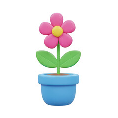 Naklejka premium 3d pink flower in a blue flowerpot on transparent background