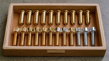 Collection of Gold and Silver Bolts in Wooden Box for Hardware and DIY Projects, Perfect for Construction Needs