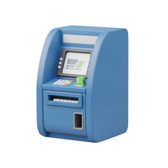 3d blue atm machine isolated on transparent background