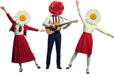 Three people with flower heads dancing and playing guitar against black isolate collage art music rose
