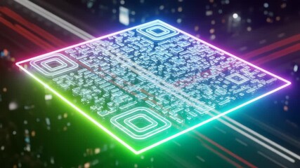 Dynamic qr code with glowing neon edges in a futuristic cityscape motion background - Powered by Adobe