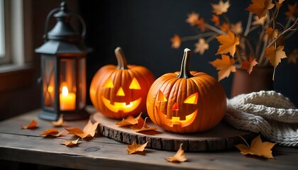 Spooky Halloween scene showcases carved pumpkins with glowing faces and autumn foliage on a rustic wooden table.