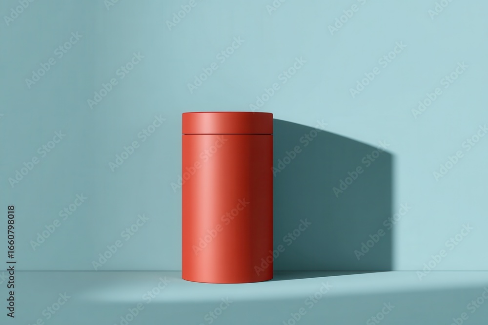 Poster bright red cylindrical container with shadow on light blue background for modern minimalist design c