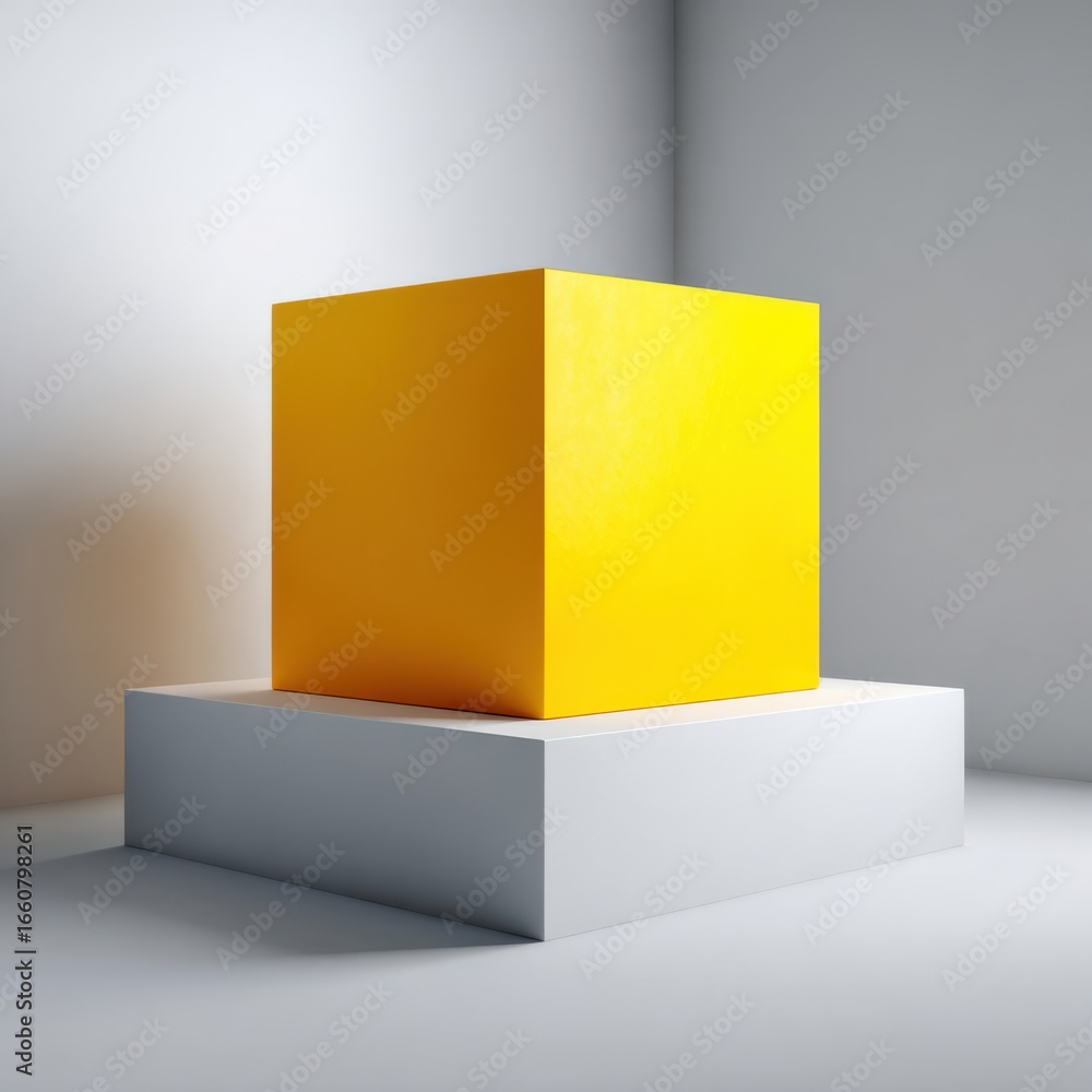 Poster bright yellow cube on white platform in minimalist studio setting with soft lighting and neutral bac