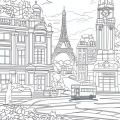 Line Art of Iconic City Landmarks with European Architecture