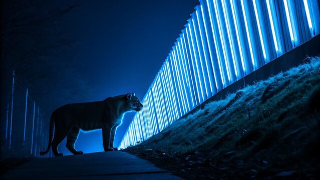 Cougar standing near bright blue illuminated wall at night - Powered by Adobe