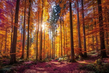 Obraz premium Golden sunbeams illuminate vibrant autumn forest path