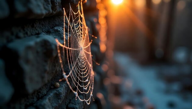 Dew covered spiderweb illuminated by sunrise on a stone wall presents a beautiful nature scene.