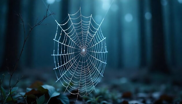 Cobweb sparkles in a dark forest, droplets cling to delicate threads on a chilly morning in a quiet wilderness setting.