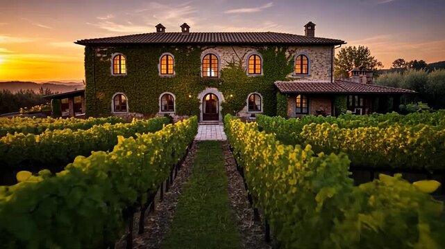 Tuscan Vineyard Estate at Sunset: Rows of Vines and Stone Villa