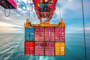large cargo ship at sea, loaded with colorful containers. A large red shipping container is hanging from a crane