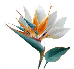 Obraz premium Detailed close-up of a vibrant bird of paradise flower, featuring a blend of white and orange petals, vibrant teal leaves, and a unique, intricate structure