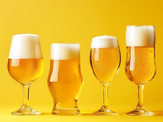 Glasses of golden beer with foam on yellow background-Four different styles of beer glasses filled with golden lager, each topped with frothy foam, displayed against a bright yellow backdrop. 