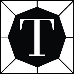 Geometric 't' emblem inside octagonal shape with radiating lines black and white design iconic lettermark symbol for branding and identification