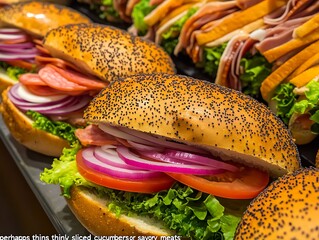 Fresh deli sandwiches with vegetables and cold cuts on poppy seed rolls-Close-up of freshly made sandwiches filled with lettuce, tomato, red onion, and assorted deli meats on poppy seed rolls, display