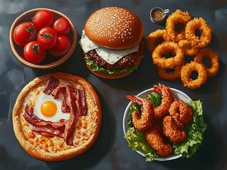 Burger, bacon pizza, fried shrimp, onion rings, and tomatoes-Top view of a variety of fast food dishes including a cheeseburger with lettuce, bacon and egg pizza, fried shrimp on lettuce, crispy onion