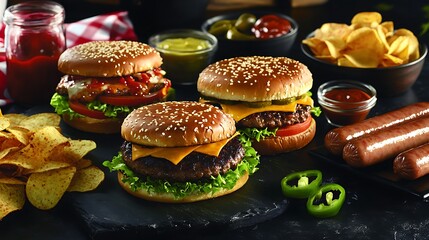 Cheeseburgers with chips, condiments, and sausages-Close up of cheeseburgers with lettuce, tomato, cheese, chips, jalapenos, sausages, and condiments arranged on a dark rustic table.