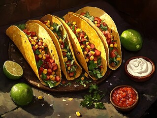Mexican tacos with fresh vegetables, corn, and salsa-Close-up of four crunchy Mexican tacos filled with corn, diced tomatoes, beans, and fresh herbs, served on a rustic wooden platter. Surrounding the