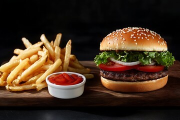 Classic cheeseburger with French fries and ketchup-Juicy cheeseburger with lettuce, tomato, onion, and sesame bun served alongside crispy French fries and ketchup on a wooden board.