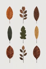 Obraz premium A grid of nine different autumn leaves in varying shades of brown, green, and yellow, arranged on a light background.