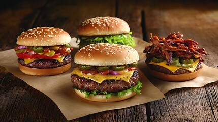 Delicious cheeseburgers with fresh toppings on wooden table-Close up of four cheeseburgers with lettuce, tomato, onions, pickles, and crispy bacon, served on sesame seed buns.